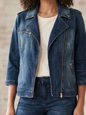 Chico’s Women’s Size 1 (M) Distressed Motorcycle Jacket Blue‎ Denim Stretch
